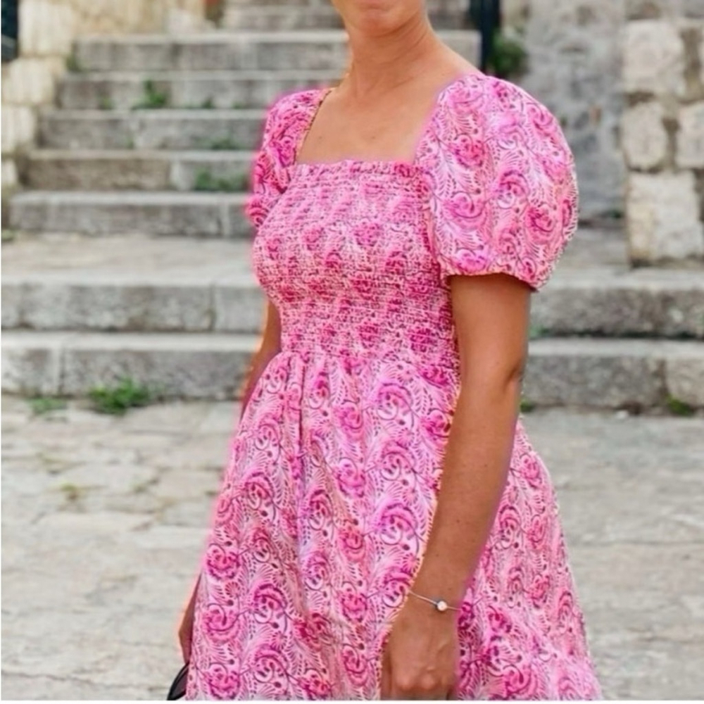 J.Crew Puff-sleeve Smocked Mini Dress in Dandelion Swirl Pink Orange Size XL - Picture 4 of 11